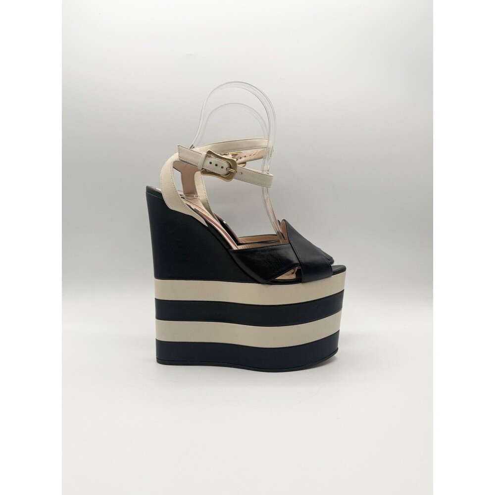 Gucci Navy and White Striped Leather Sally Wedge Platform Sandals Size EU 36.5